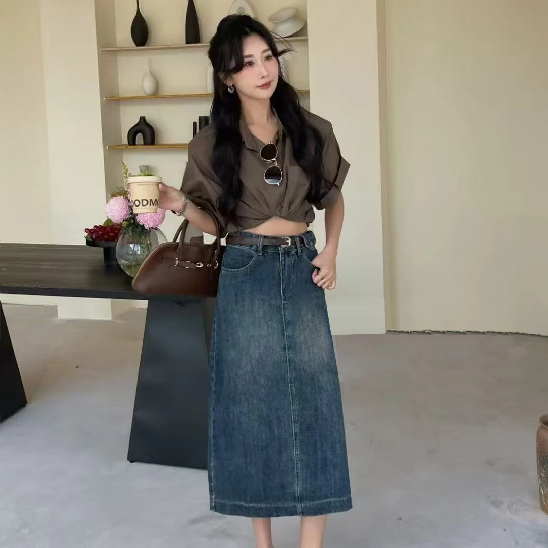 8772牛仔半身裙女高腰包臀裙2024新款复古直筒宽松a字中长款半裙