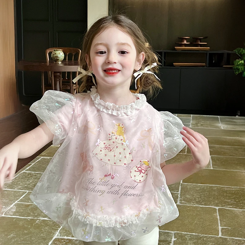 栀了成长记童装女童甜美欧根纱T恤夏季裤子女宝宝花苞袖拼接上衣