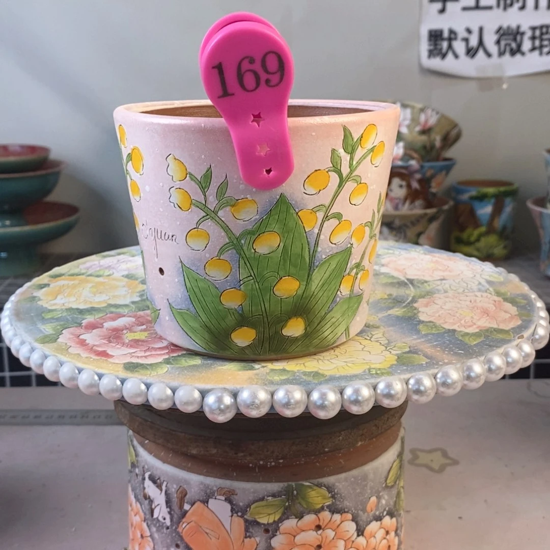 紫砂花盆九*红陶手绘花盆