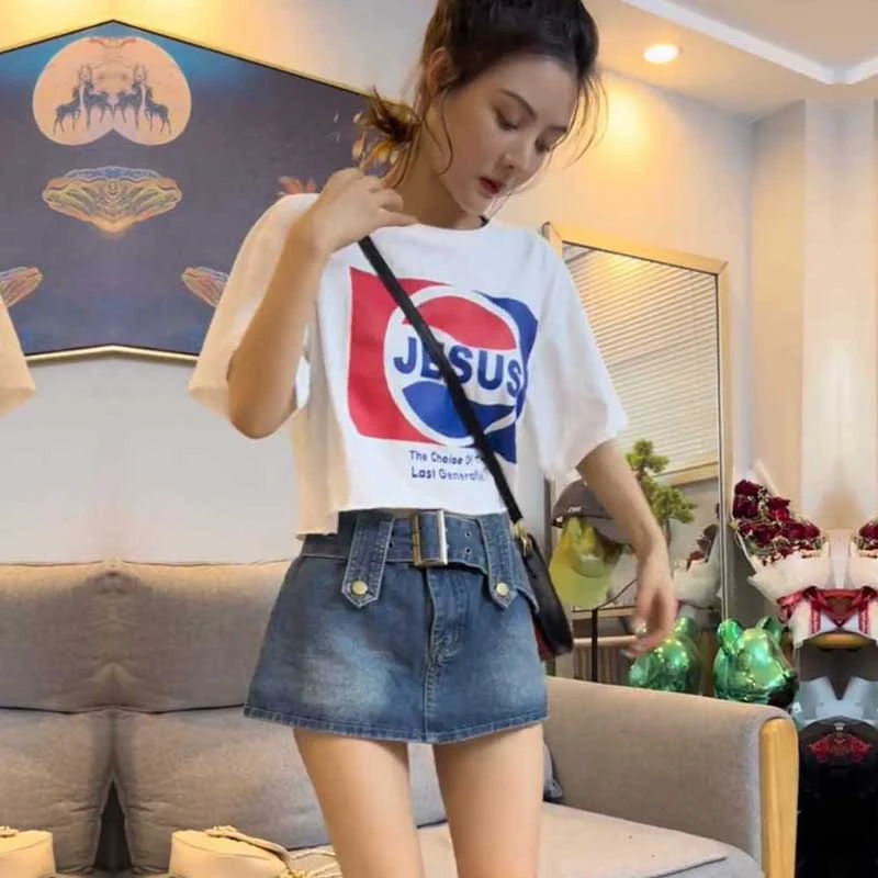 网红洋气炸街女装学院风短款印花t恤上衣+牛仔裙小个子精致套装潮