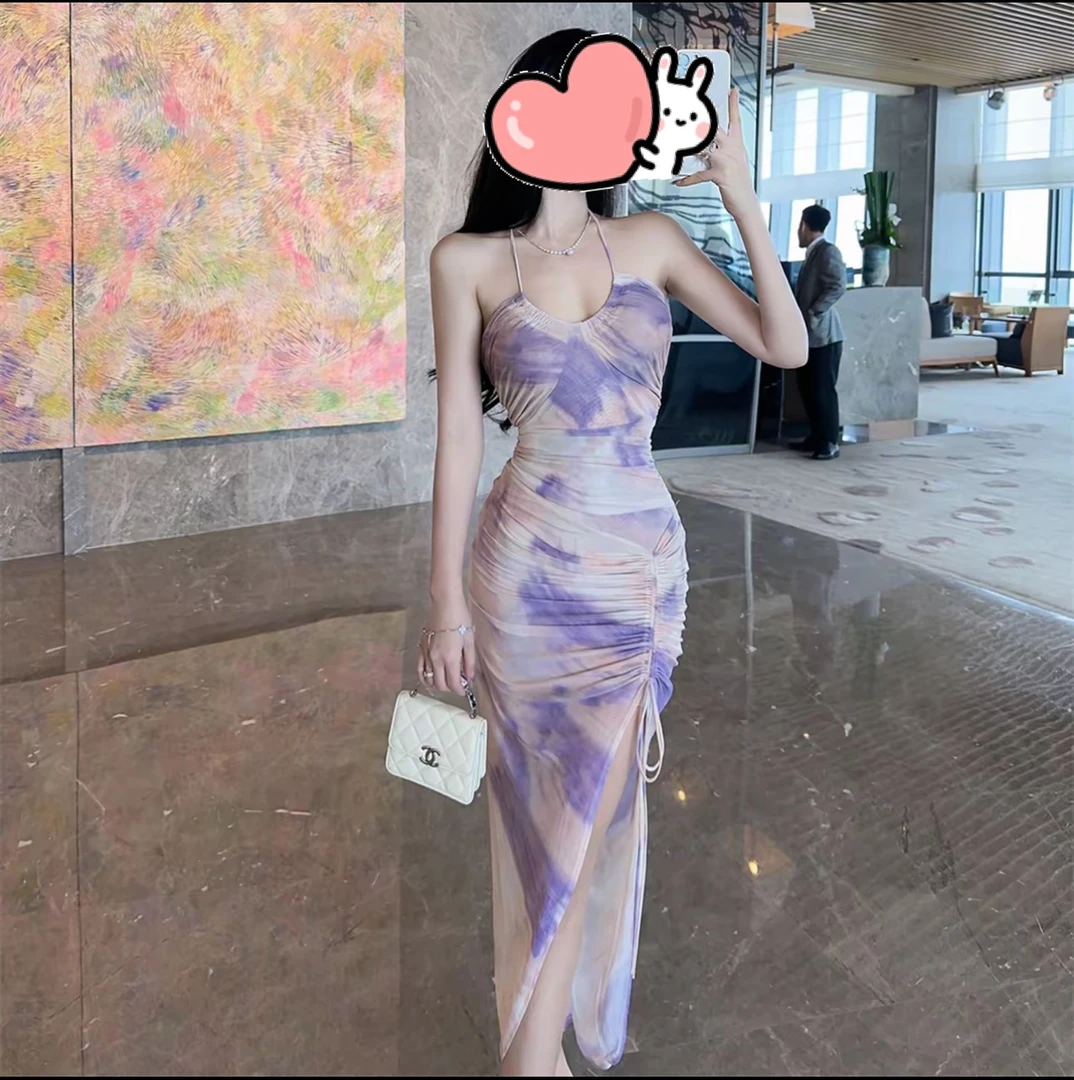 新款春夏挂脖性感纯欲碎花开叉连衣裙修身气质显瘦长裙