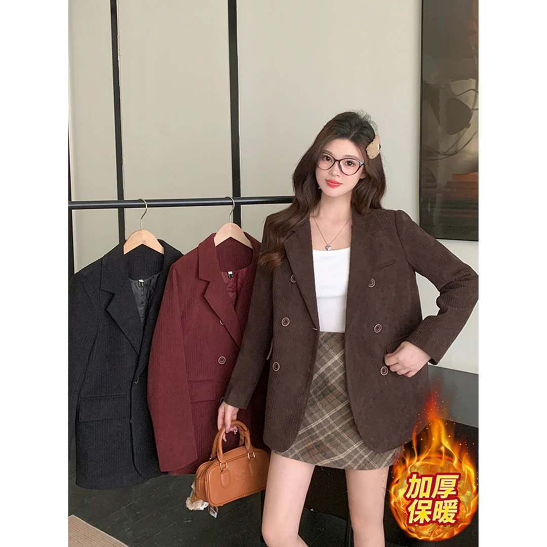 2025秋冬装韩版大码灯芯绒夹棉西装外套微胖mm厚款保暖西服63725