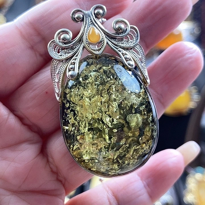 琥珀银S925镶嵌颈饰吊坠