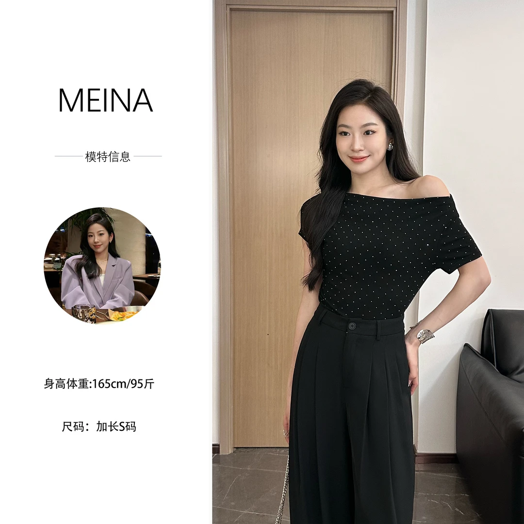 MUMU【月色星辰】夏季新款简约气质百搭高级烫钻波点一字肩显瘦上衣