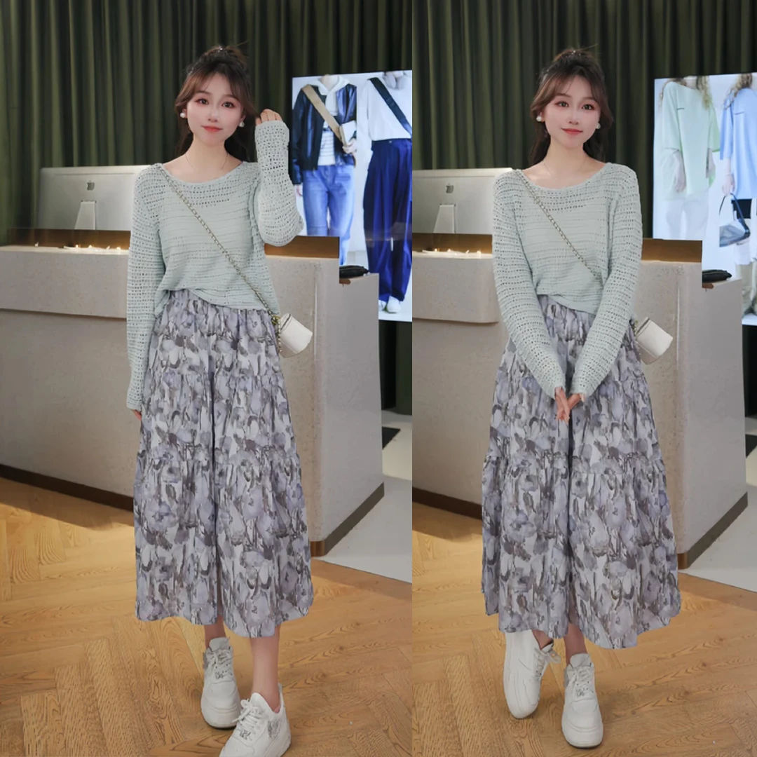 丁香小曲春夏蕾丝针织雪花亲肤慵懒风法式流行碎花时尚套装裙