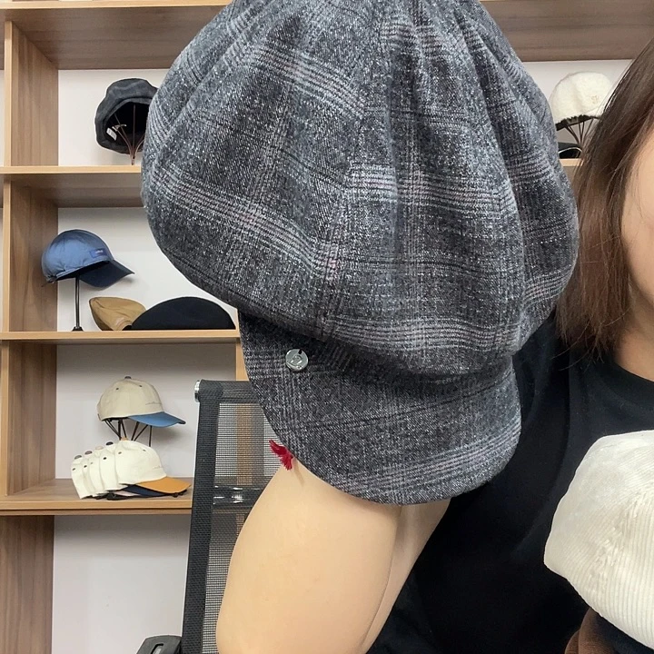 头层牛皮革格子贝雷帽