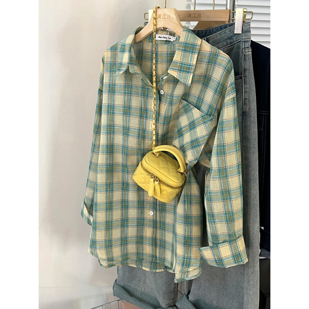 早春新款日系小清新女绿色格子衬衫女宽松学院风时尚复古上衣