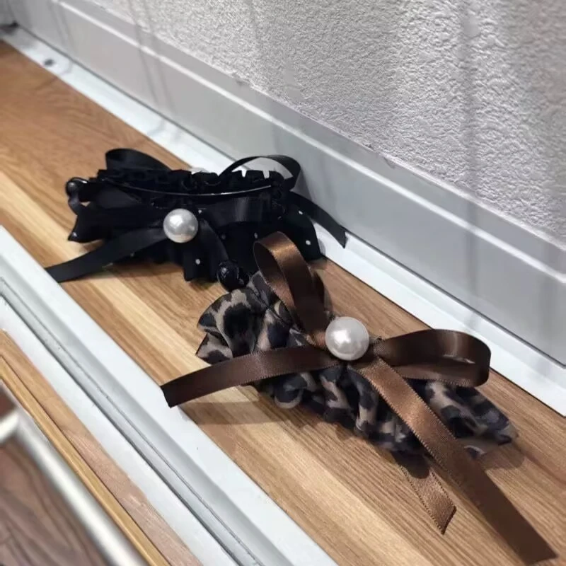 复古时尚豹纹蝴蝶结珍珠香蕉夹简约秋冬气质马尾夹发夹新款发饰女