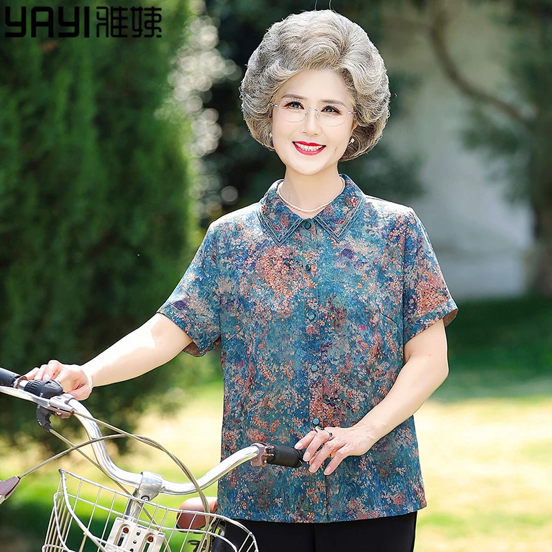 奶奶夏装衬衫中老年人上衣女妈妈休闲衬衣老太太花色衣服夏季短袖