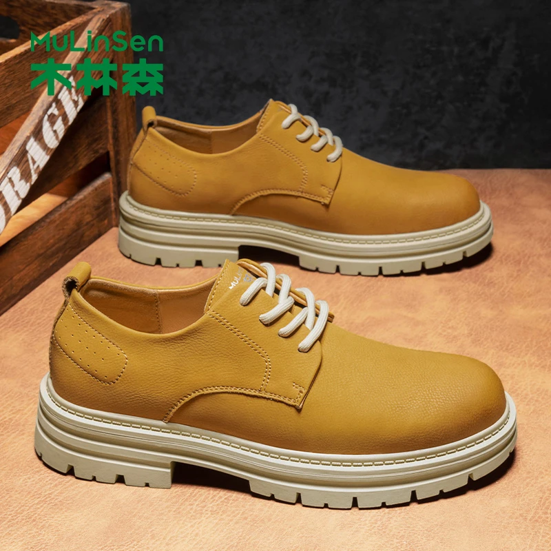 木林森皮鞋男款英伦正装商务男鞋橡胶软底秋季软皮低帮工装潮鞋Y