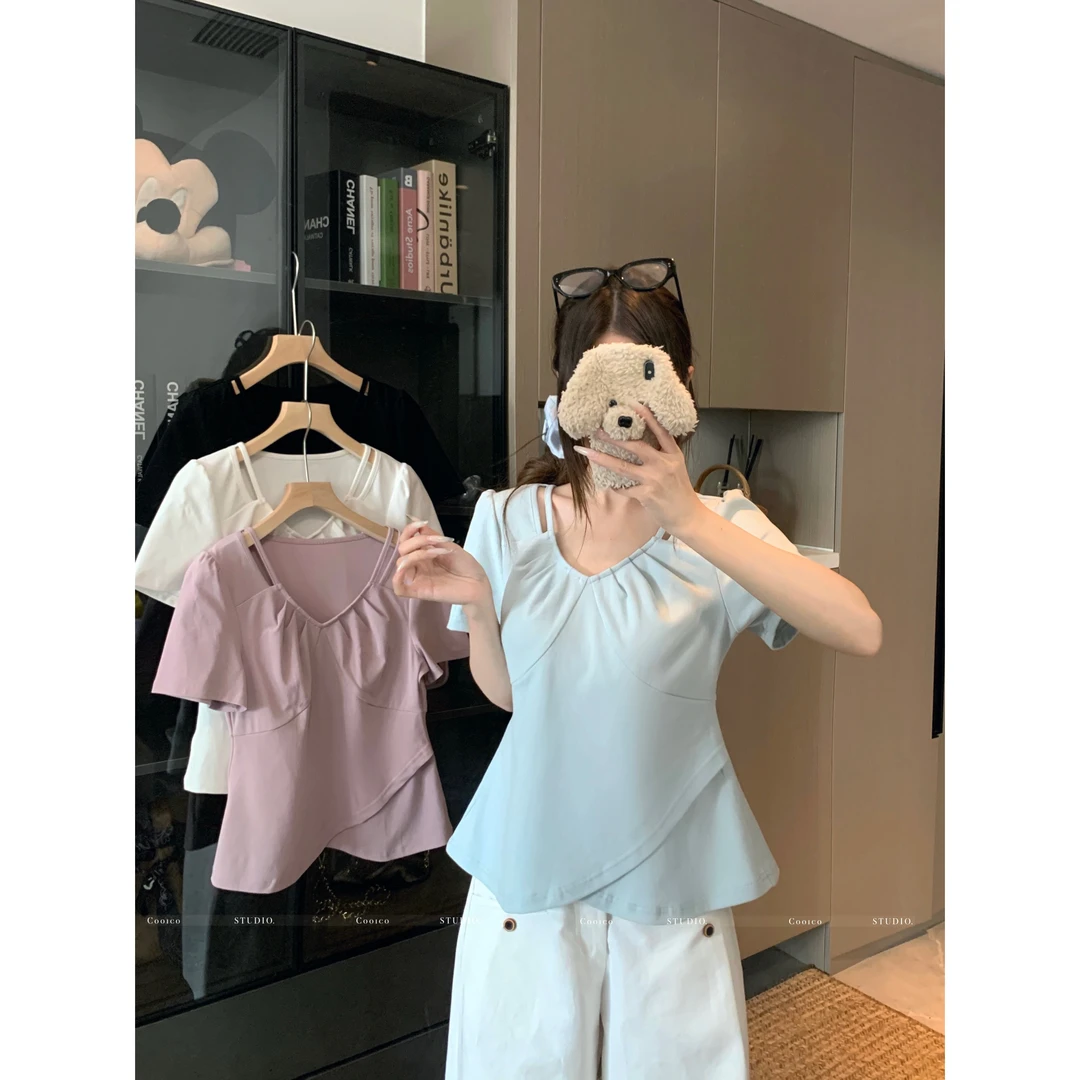 【贝蒂】大码胖mm2025欧若风新款洋气减龄设计感镂空纯欲短袖上衣女