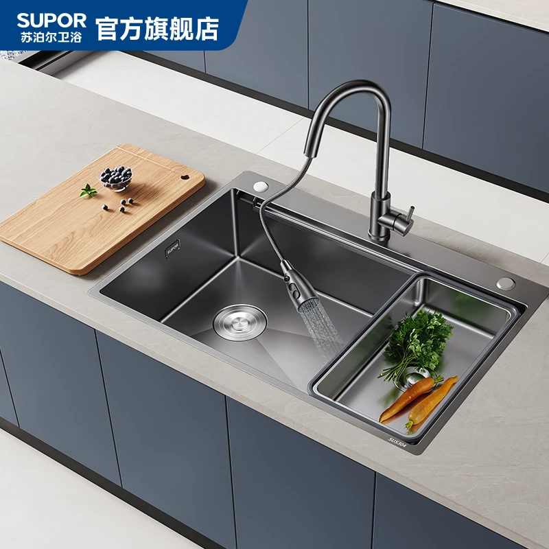 SUPOR/苏泊尔不锈钢大单槽加厚厨房水槽家用洗菜池枪灰色手工盆