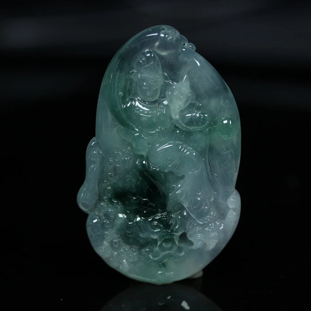 天然缅甸翡翠A货冰飘花文殊菩萨/01019120/拍卖