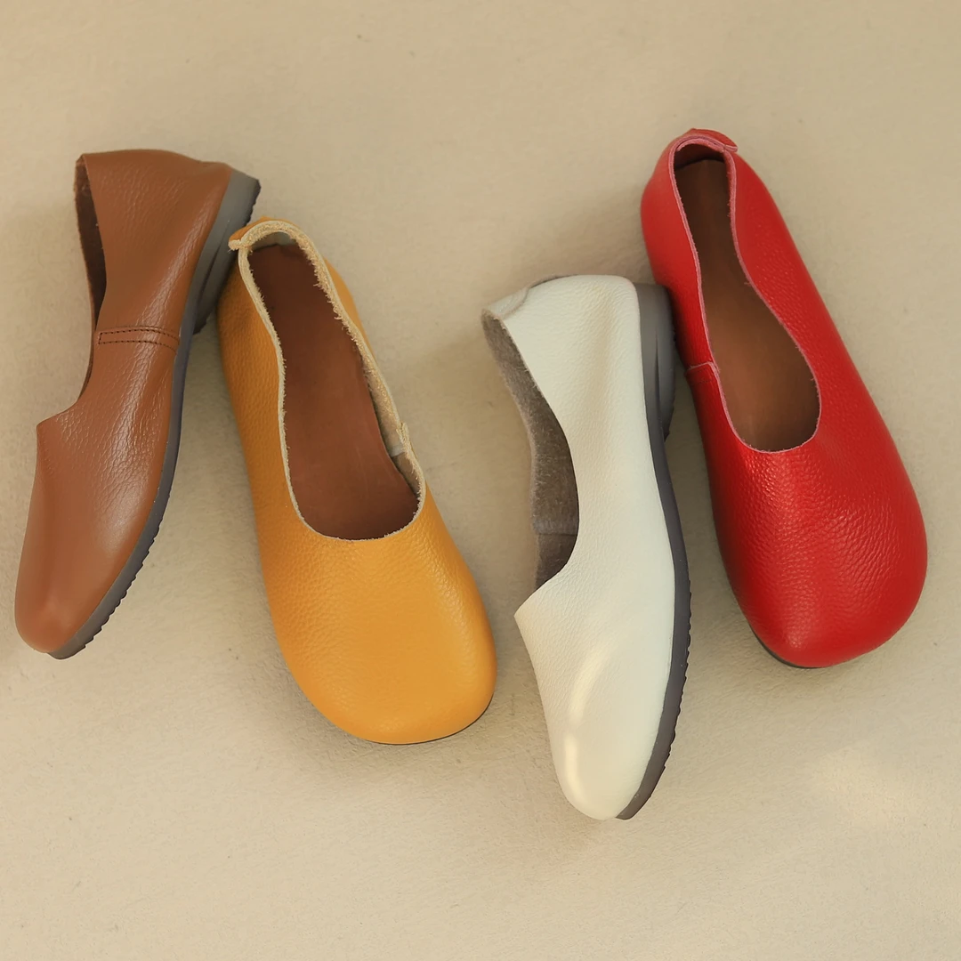 寻程夏季新款牛皮浅口皮鞋单鞋女孕妇一脚蹬妈妈鞋舒适平底奶奶鞋