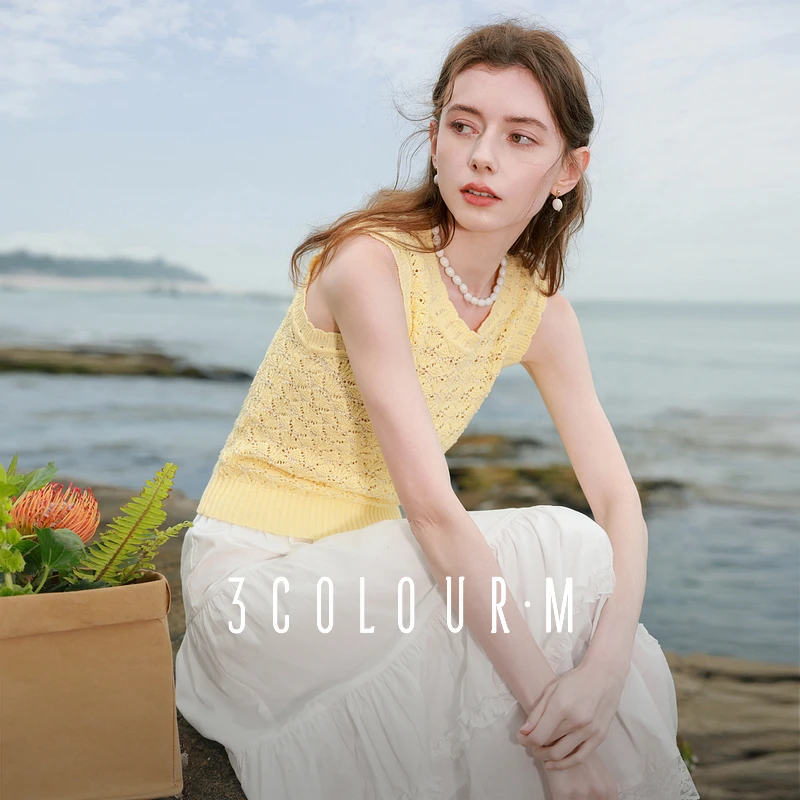 三彩2025夏季新款圆领修身短款背心镂空肌理感针织衫无袖套头女M
