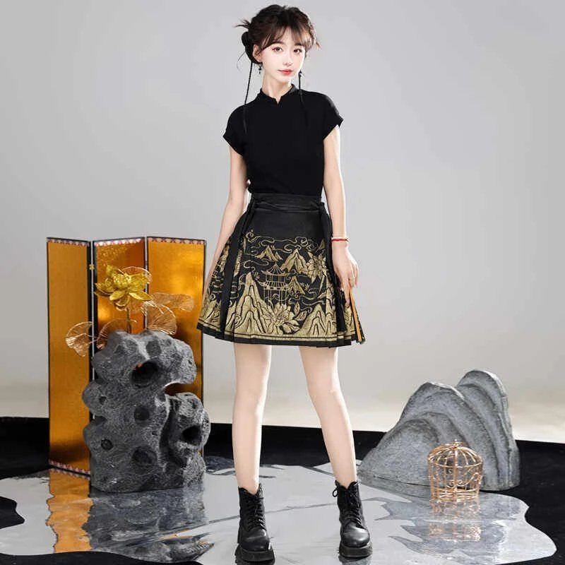 原创短款织金马面裙女套装【雪莲花】新中式国风日常少女穿搭通勤