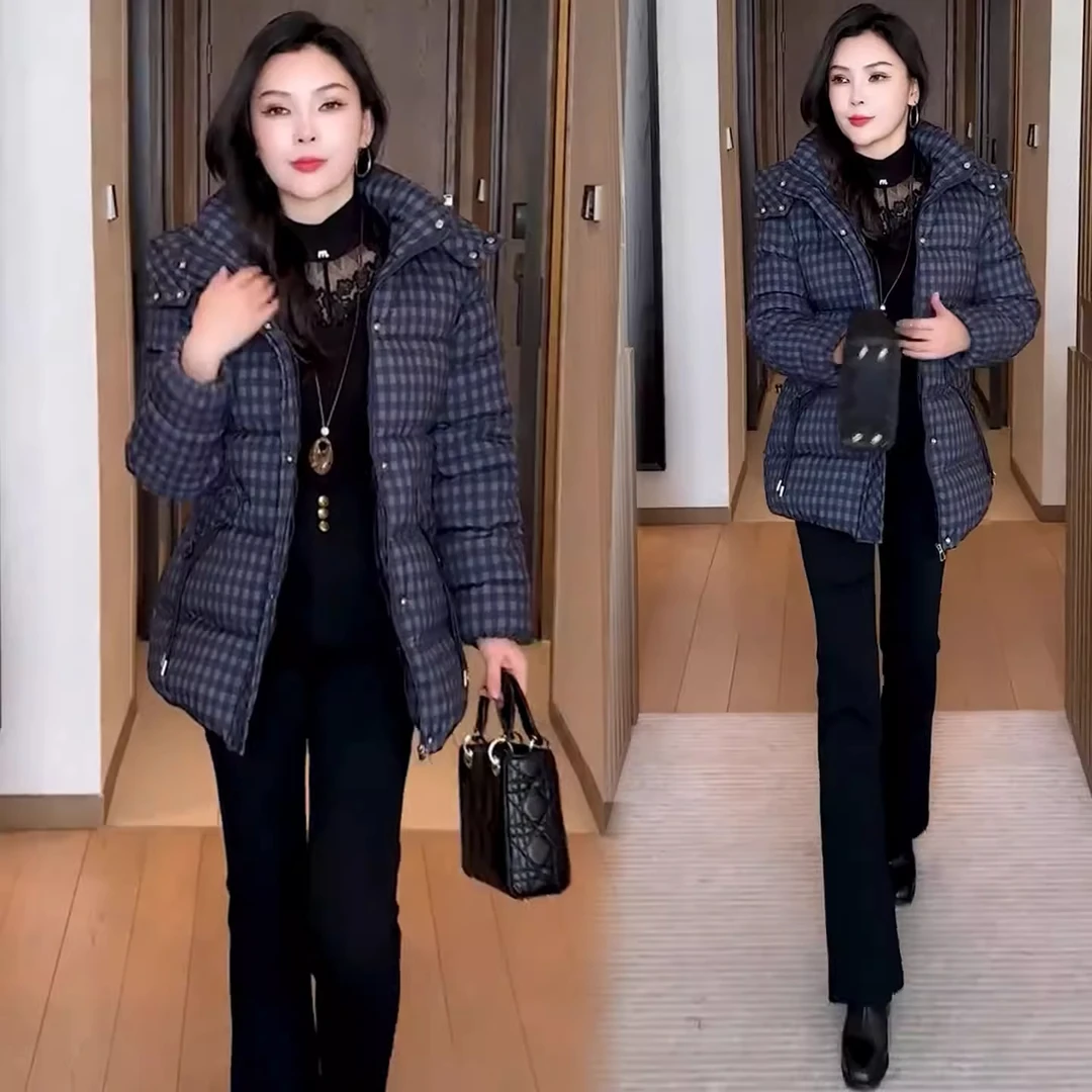 时尚格子中长款时髦棉服女冬季新款洋气连帽宽松显瘦保暖棉袄外套