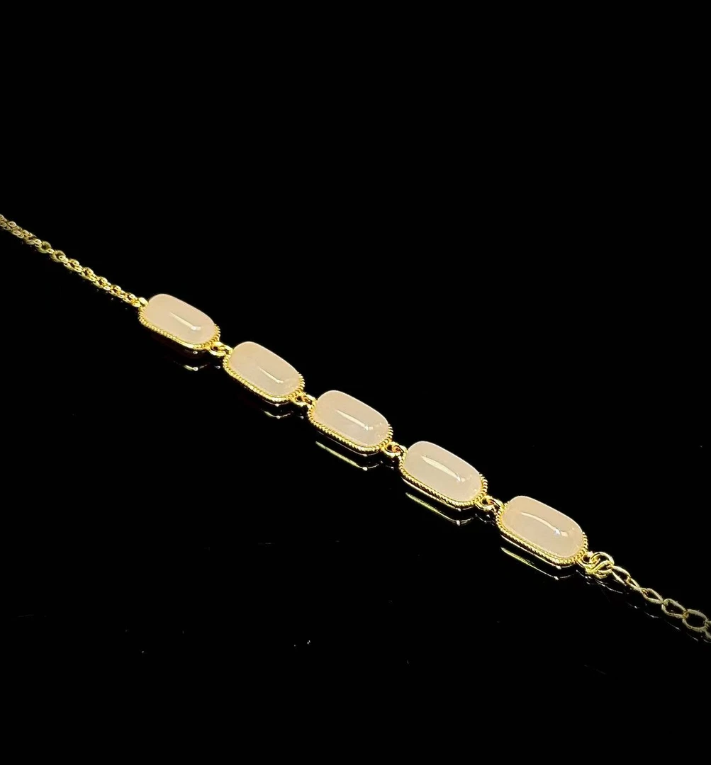 和田玉 藕粉 镶嵌 手链可调节主石6.1mm*9.7mm