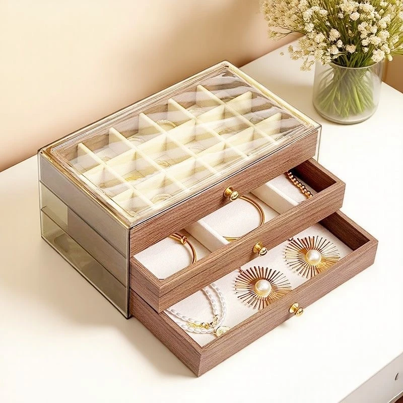 轻奢首饰收纳盒精致胡桃木纹戒指项链耳环耳钉多层大容量手饰品盒