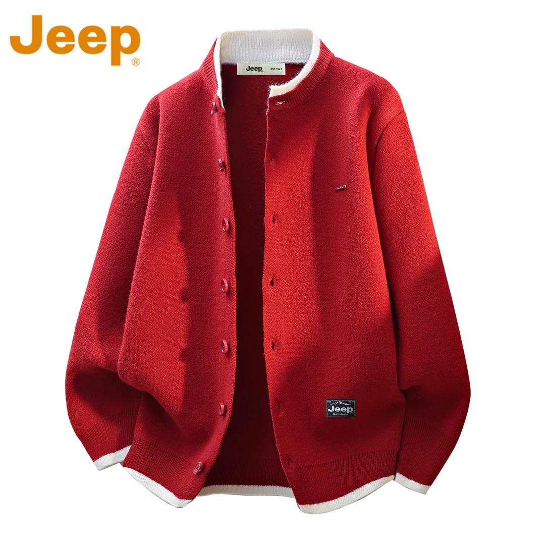 JEEP吉普红色假两件针织开衫男款冬季新款本命年潮流百搭毛衣外套