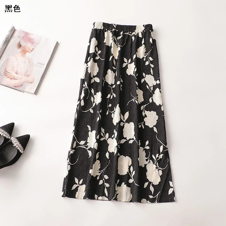 242489夏印花加长百褶A字半身裙裙子夏季黑色碎花半裙中长款大摆