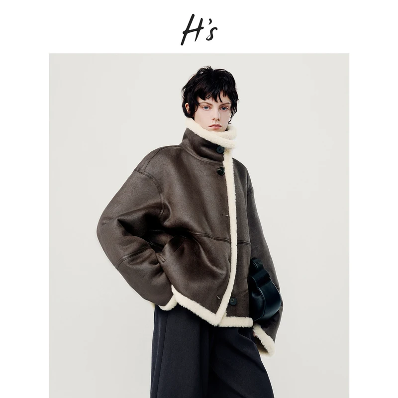 H'S翻边毛绒短外套女25冬新款高级设计感落肩皮衣夹克上衣