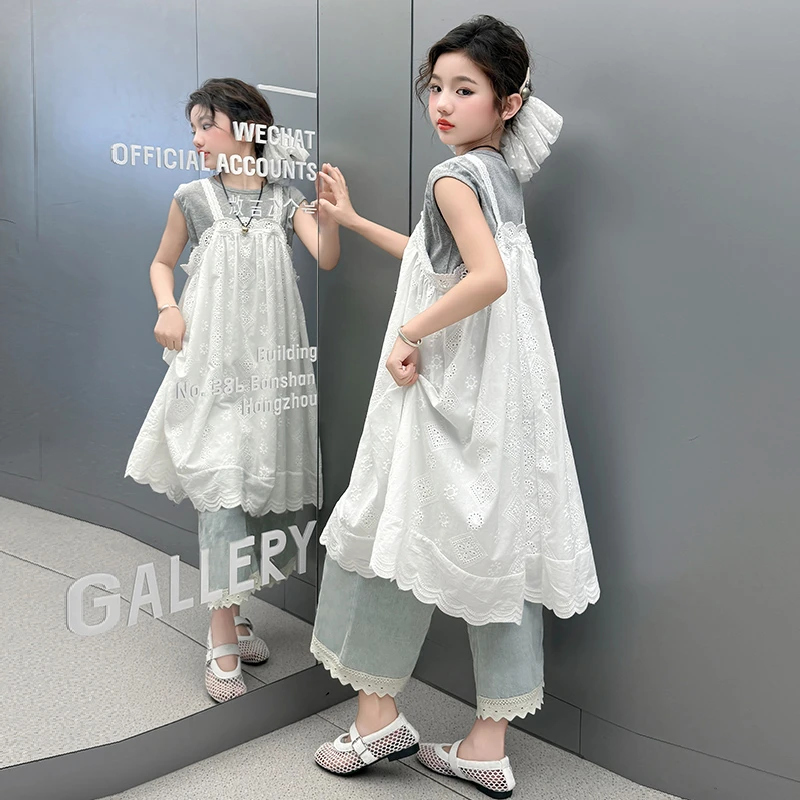 女童连衣裙2025春夏款洋气女孩韩版刺绣吊带裙大童洋气百搭牛仔裤