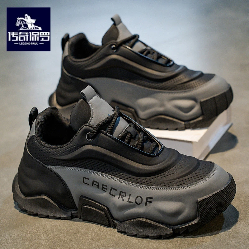 传奇保罗正版厚底男鞋秋季皮面防滑跑步运动鞋男士黑色百搭老爹鞋