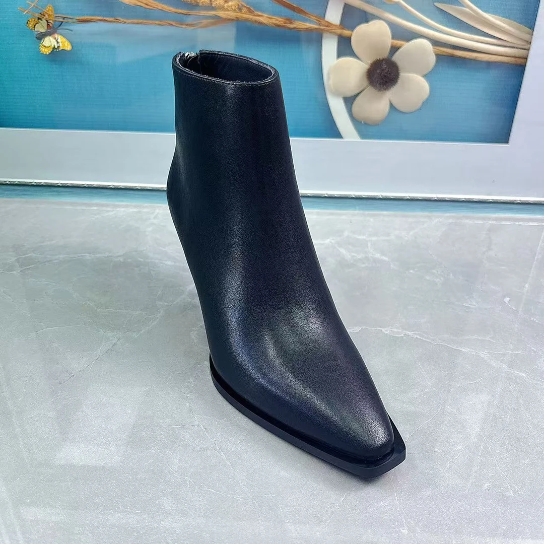 034单里 短靴拉链漆皮尖头高跟跟鞋百搭靴子粗跟女士黑色女靴