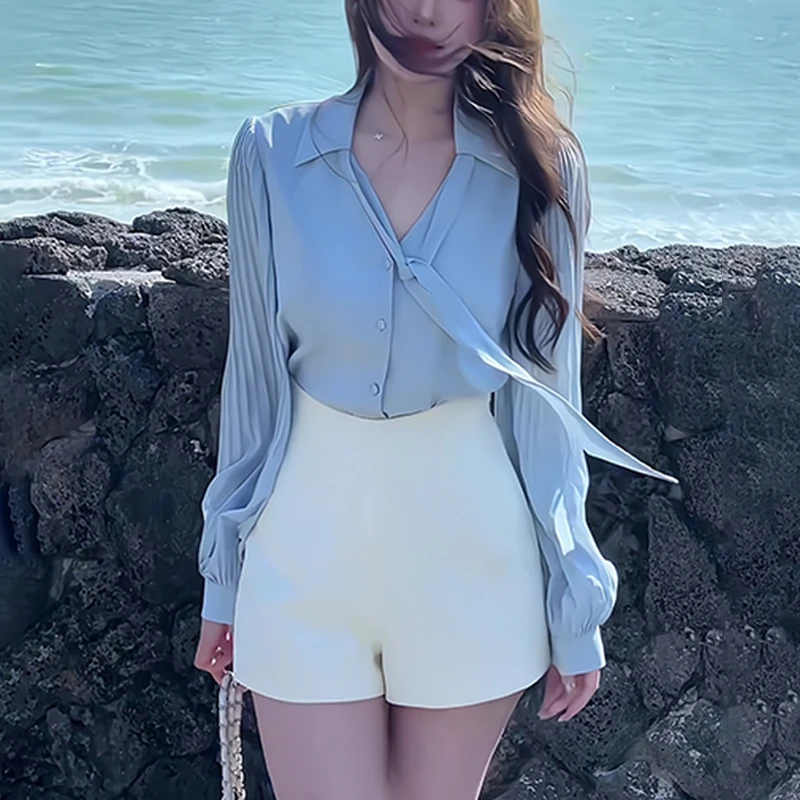 法式系带设计感蓝色衬衫女早春新款今年流行气质显瘦百搭通勤上衣