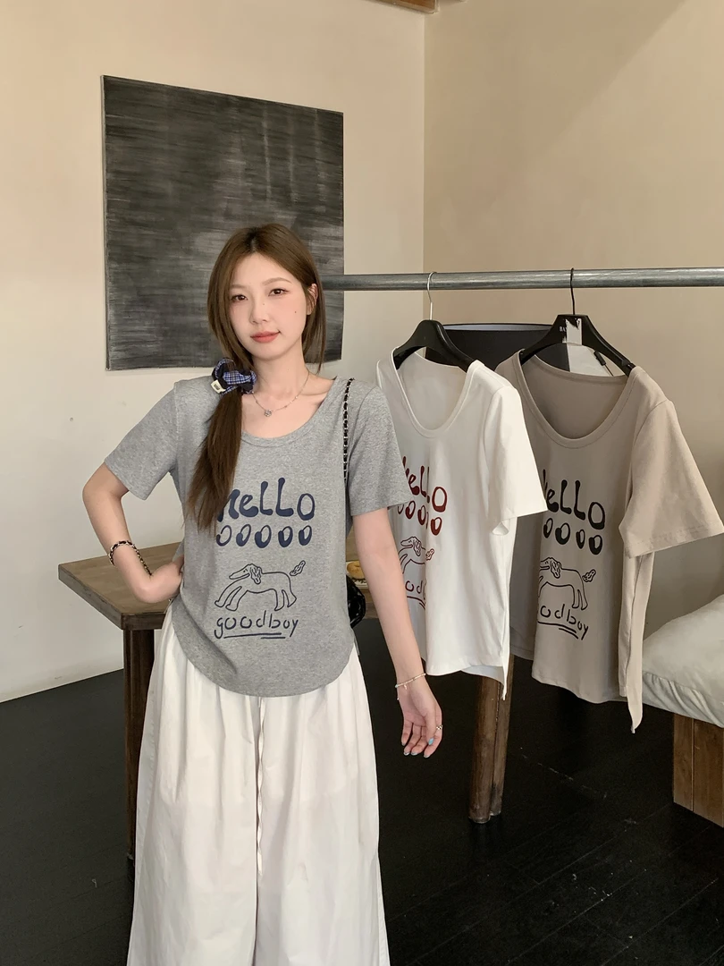 2025夏装新款胖mm大码韩系慵懒正肩短袖T恤印花显瘦百搭上衣64088