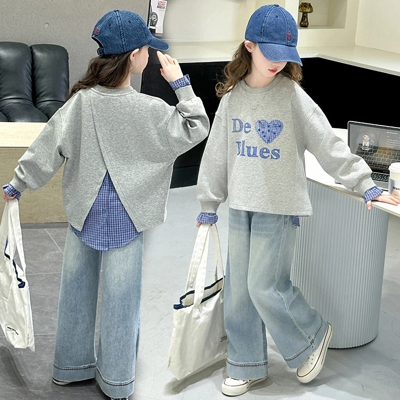 女童套装春季2025新款中大童圆领休闲卫衣儿童直筒牛仔裤子两件套