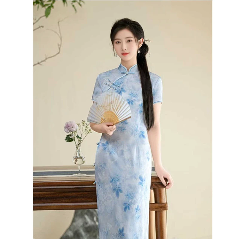 春夏高端新中式国风改良长款旗袍复古优雅日常修身开叉旗袍连衣裙