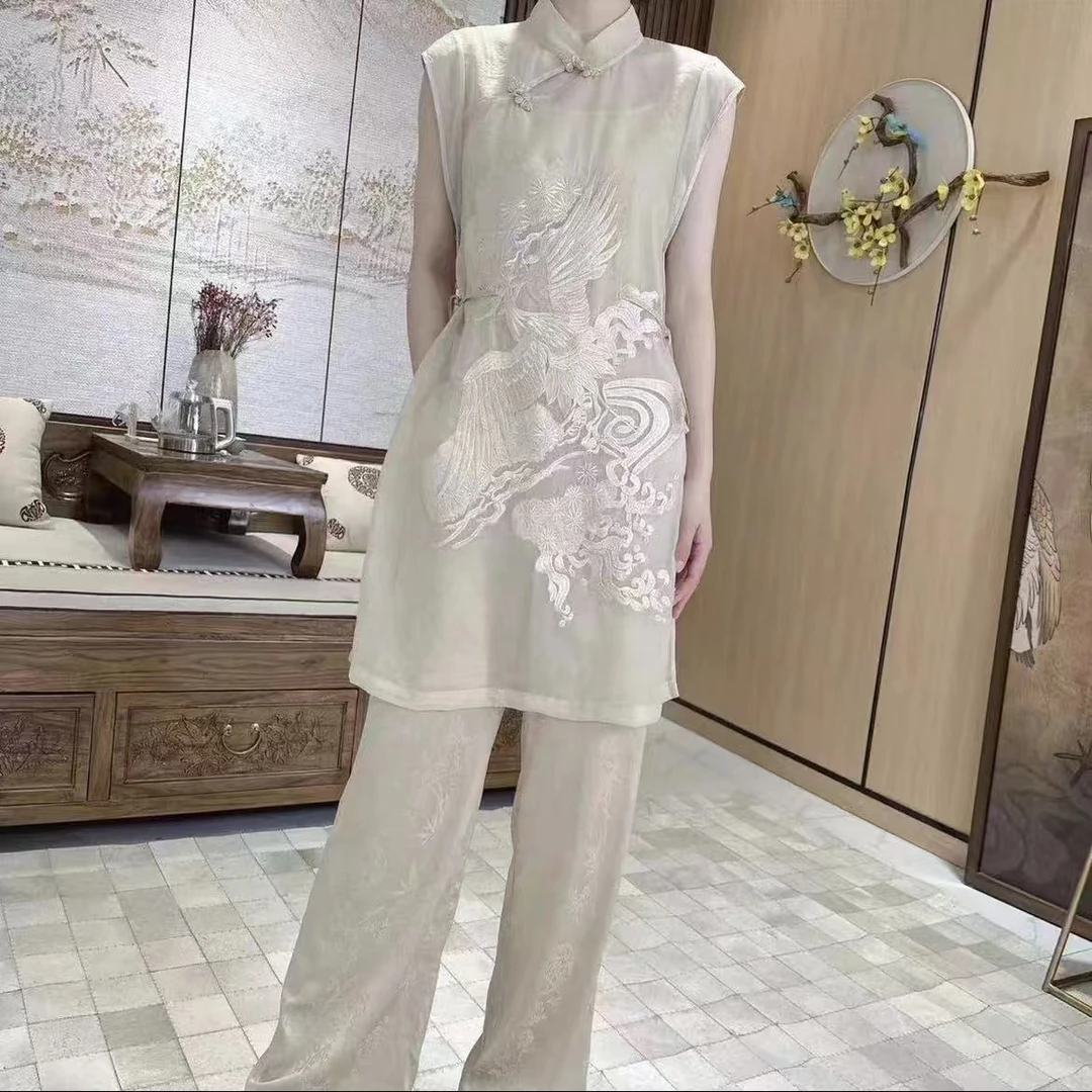 2025夏盘扣刺绣无袖显瘦立领新中式中国风刺绣气质复古夏季套装