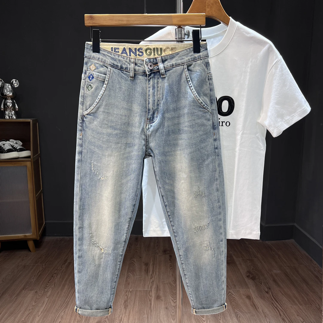 （八分/九分）夏季薄款斜插袋牛仔裤男修身小脚弹力破洞牛仔裤男款