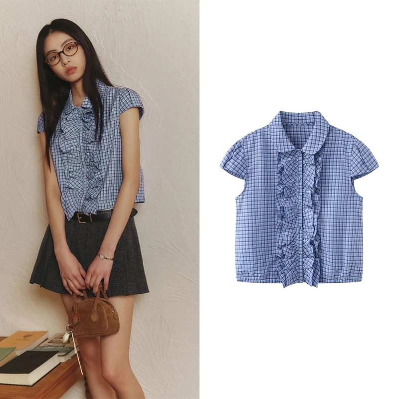 【衬衫】格子衬衫2025夏季新款褶花边复古设计蓝色短款上衣女A5919