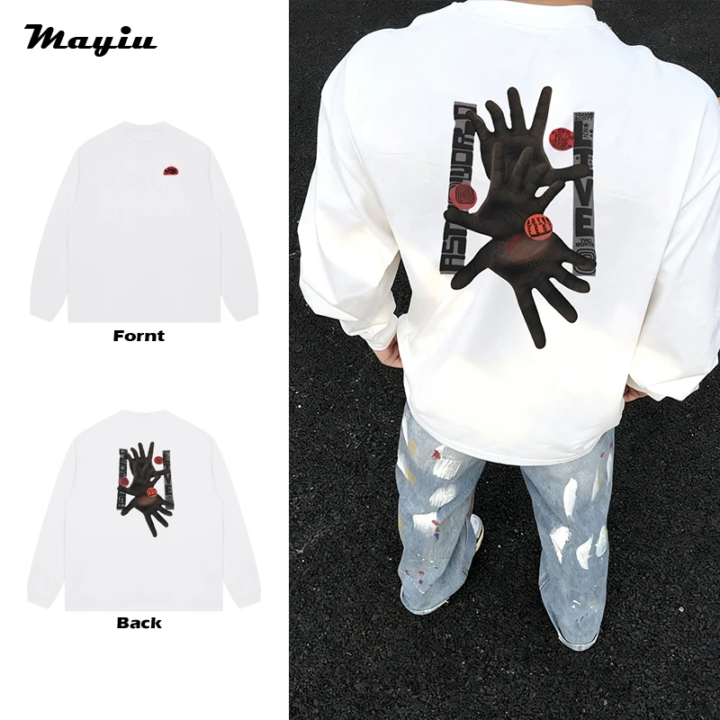 美式街头纯棉vintage潮牌秋季嘻哈复古印花圆领T恤男女长袖上衣