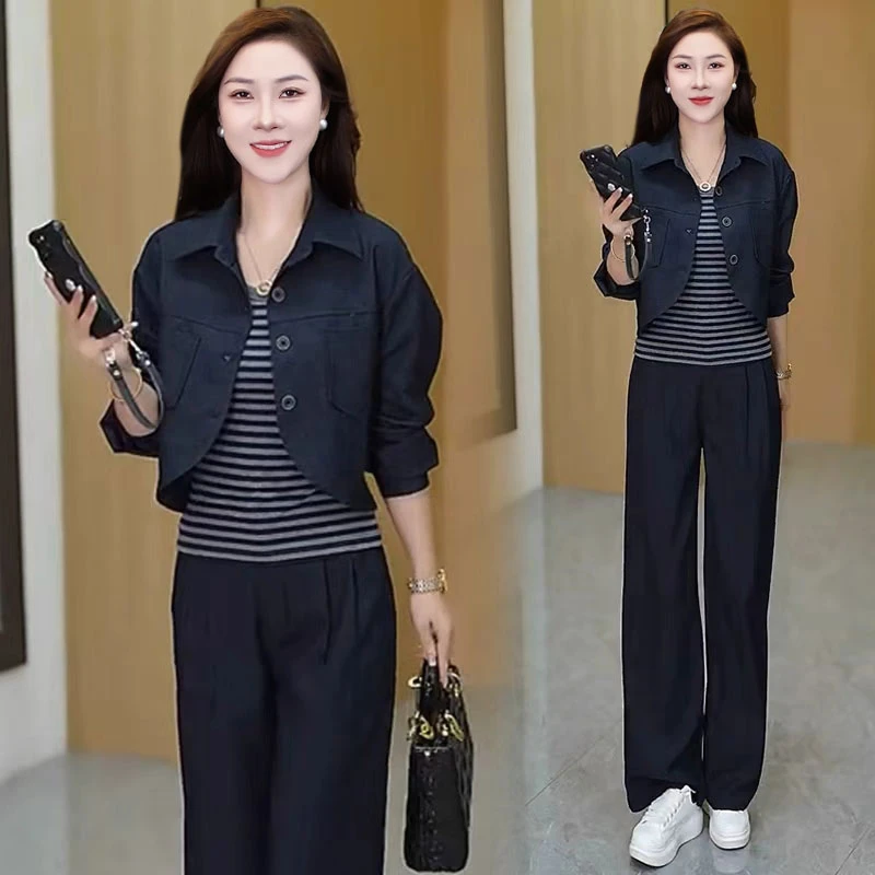时尚休闲套装女2025春秋新款洋气显瘦短外套背心阔腿裤减龄三件套