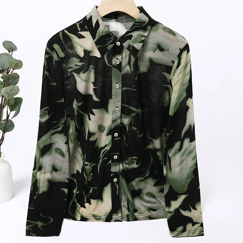 LANZIBES/蓝之蓓秋冬季女士绵羊毛翻领长袖衬衫时尚印花上衣C3591