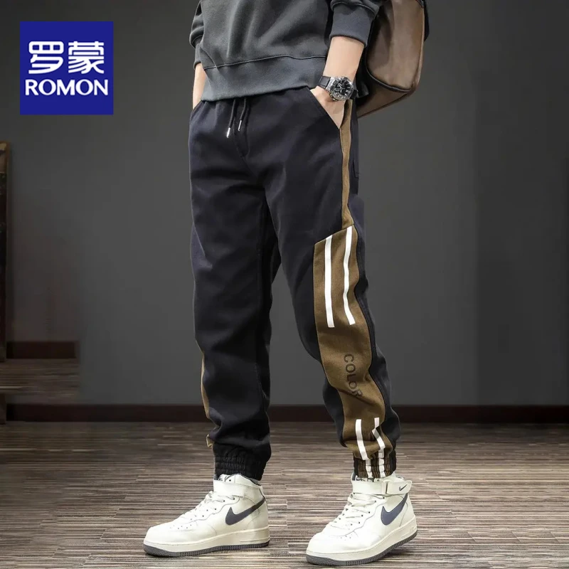 罗蒙2025潮牌夏季工装束脚休闲裤男条纹大码痞帅哈伦运动百搭长裤