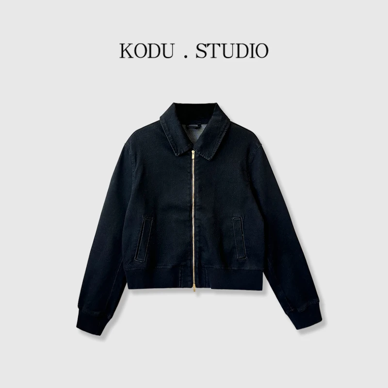 【五一大促刻度KODU】01-JK2867翻领拉链款螺纹拼接短款牛仔外套