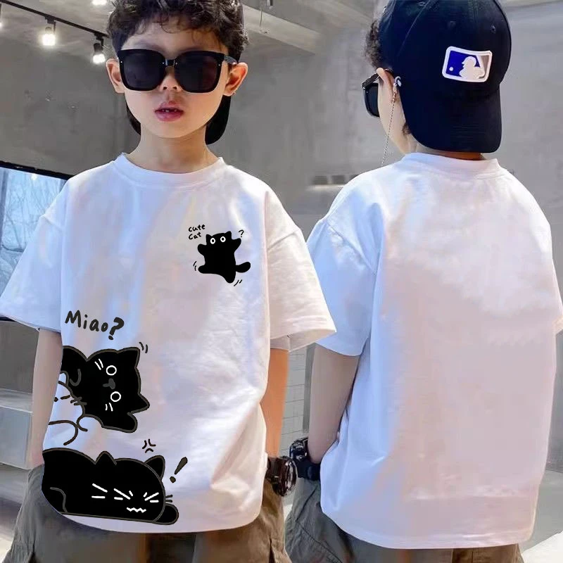 纯棉透气男童圆领可爱猫咪印花短袖夏季韩版休闲半袖时尚童装T恤