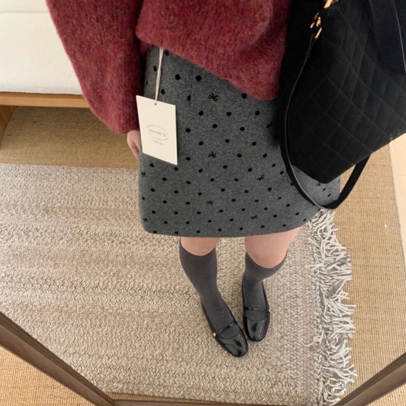 【波点半裙】梨形身材波点毛呢半身裙女秋冬高腰灰色a字包臀裙短裙