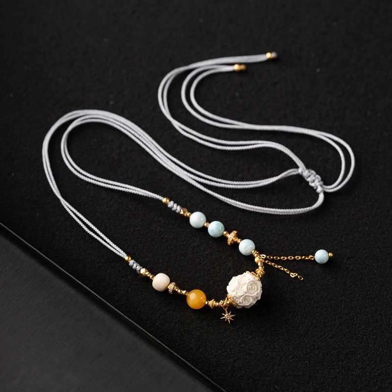 猛犸牙绣球花精工雕刻项链脖挂链手编绳可调节新中式百搭饰品文玩