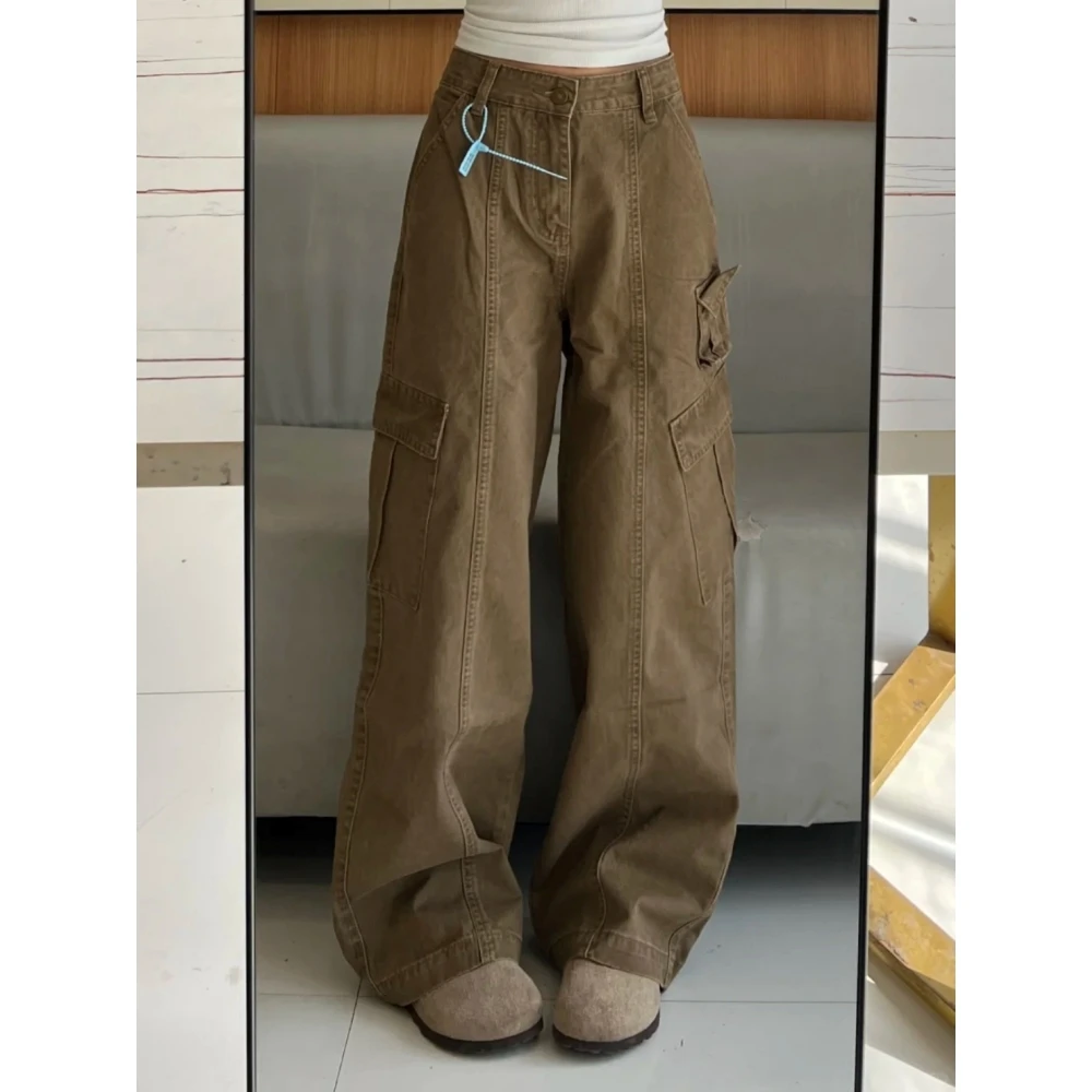 大码美式复古工装牛仔裤女2025春季新款高腰显瘦设计感直筒休闲裤