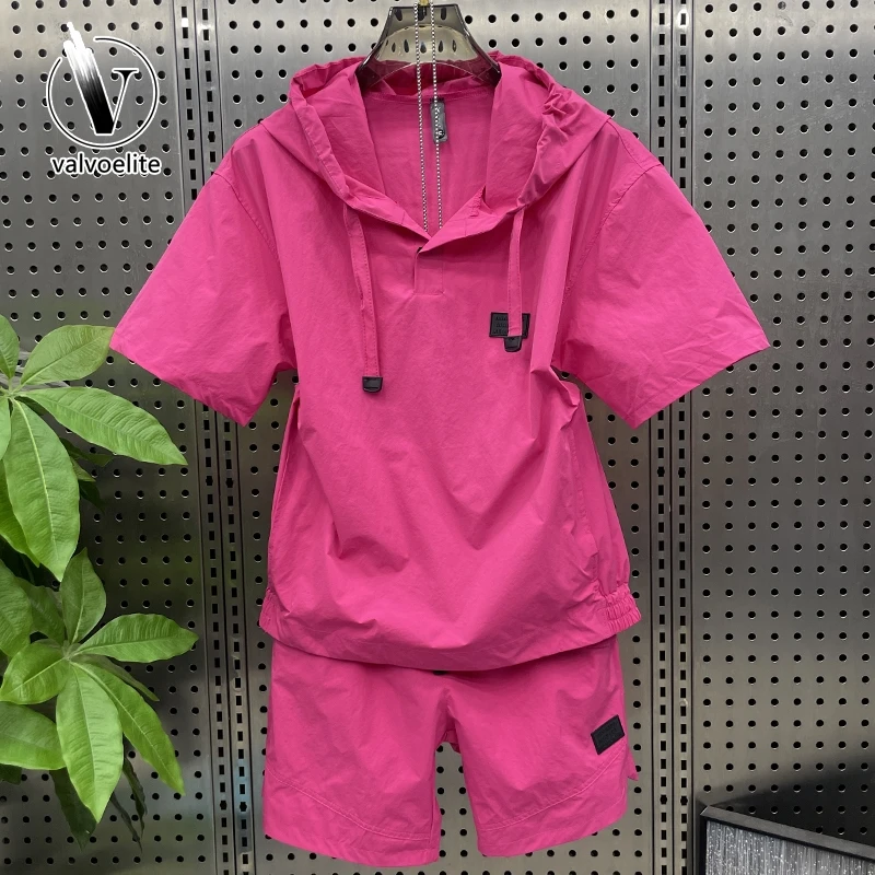 VALVOELITE夏季轻薄透气衣时尚连帽短袖短裤两件套潮简约休闲套装