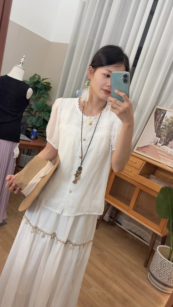 时尚套装时尚绣花裙子短袖蕾丝提花白色显瘦中式衬衫