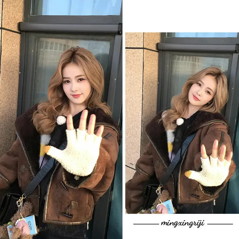 MXRJ奔跑吧白鹿同款棕色美拉德短款连帽牛角扣外套复古加绒上衣女