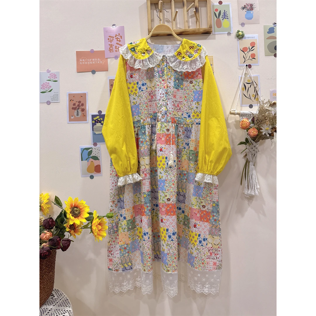 《米粒》63195森系小清新娃娃领蕾丝花边可收腰百搭碎花连衣裙