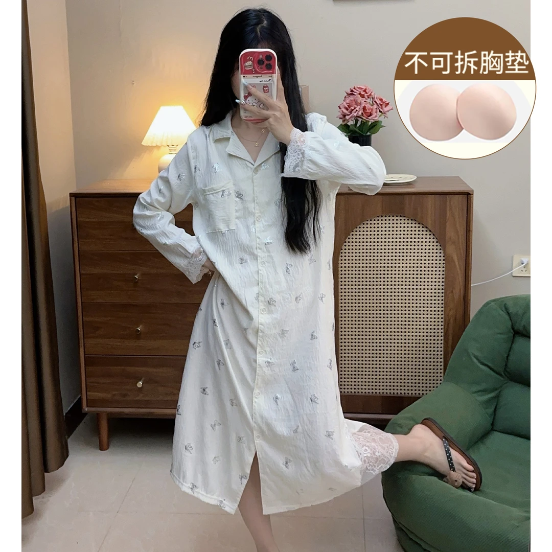 衬衫睡衣女2025新款长袖云朵棉带胸垫连衣睡裙春秋季少女家居服薄